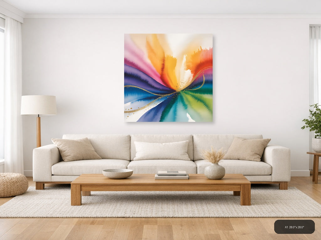Rainbow Watercolor Wave with Gold Accents Wall Art — A1 / Living Room