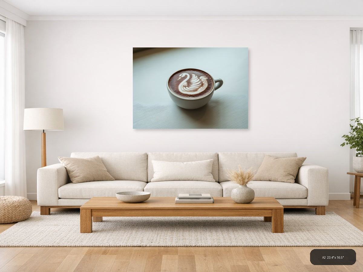 Minimalist Swan Latte Art Coffee Cup Wall Art — A2 / Living Room