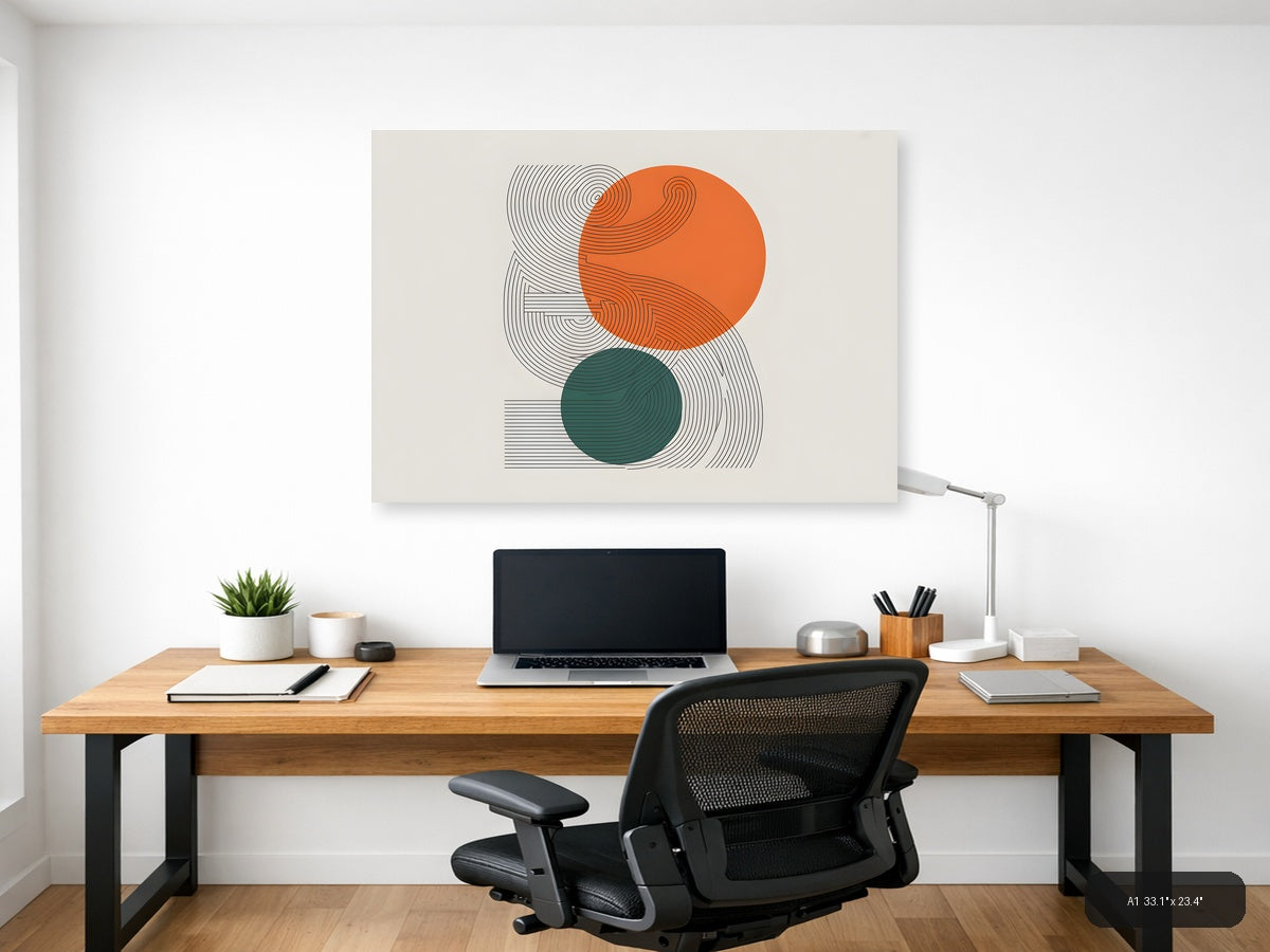 Abstract Line Art with Orange and Teal Circles Wall Art — A1 / Office