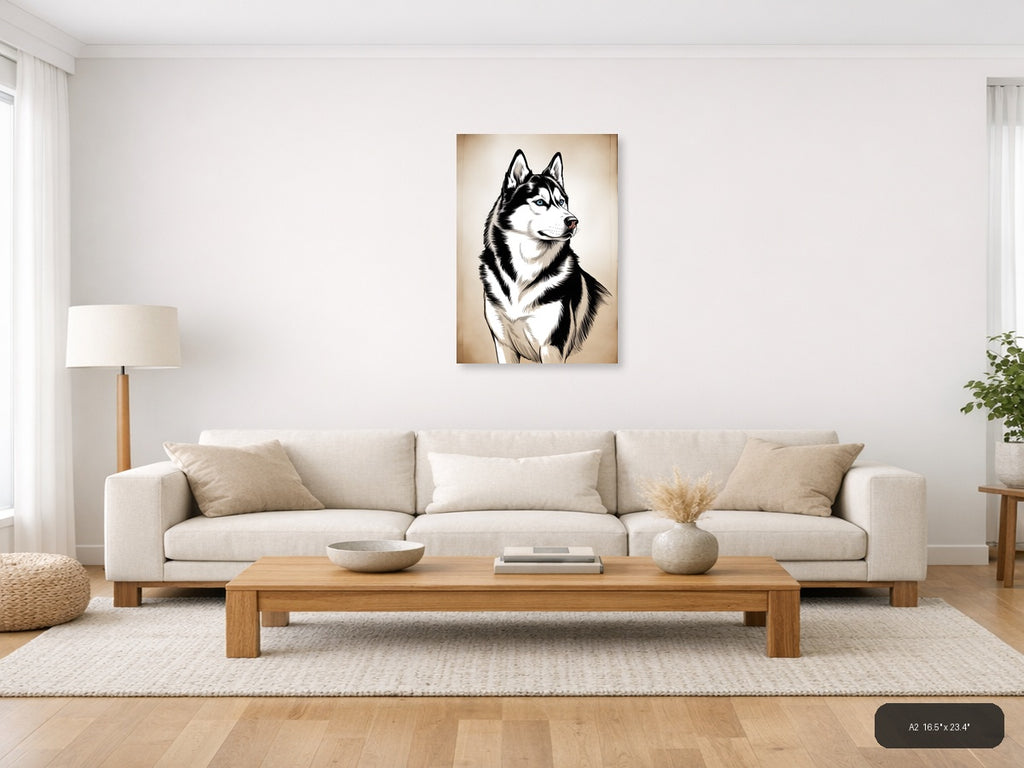 Siberian Husky Portrait Line Art Black & White Wall Art — A2 / Living Room