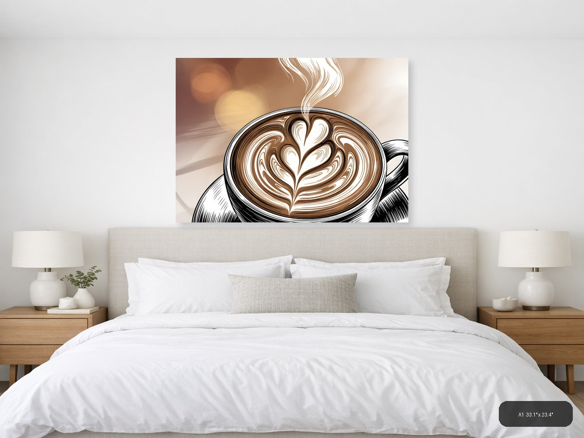 Latte Art Line Art - Coffee Cup with Heart Design Wall Art — A1 / Bedroom