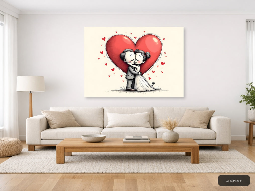 Couple Kissing Heart Line Art Wall Art — A1 / Living Room