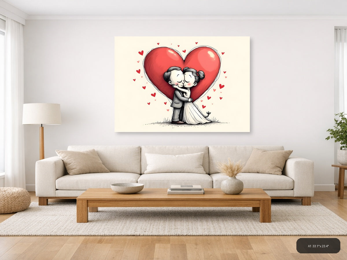 Couple Kissing Heart Line Art Wall Art — A1 / Living Room
