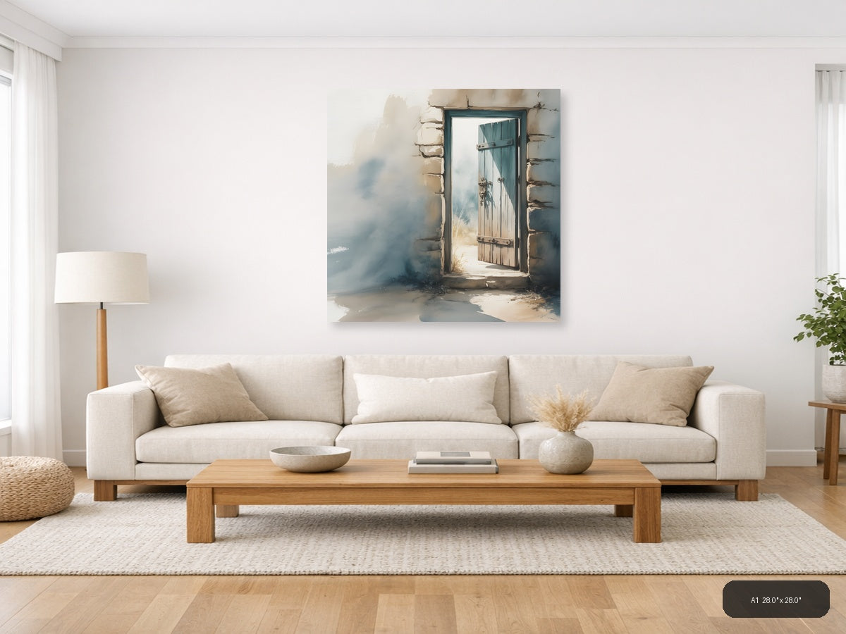 Rustic Wooden Door Watercolor Painting Wall Art — A1 / Living Room