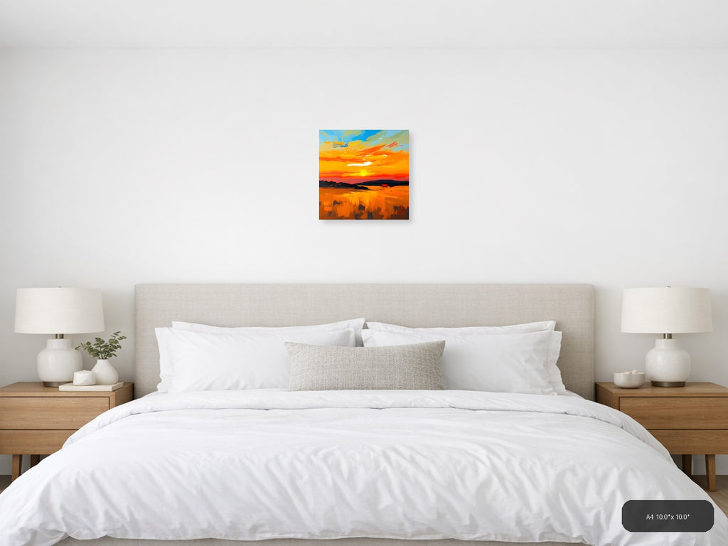 Abstract Sunset Landscape with Red Barn Wall Art — A4 / Bedroom