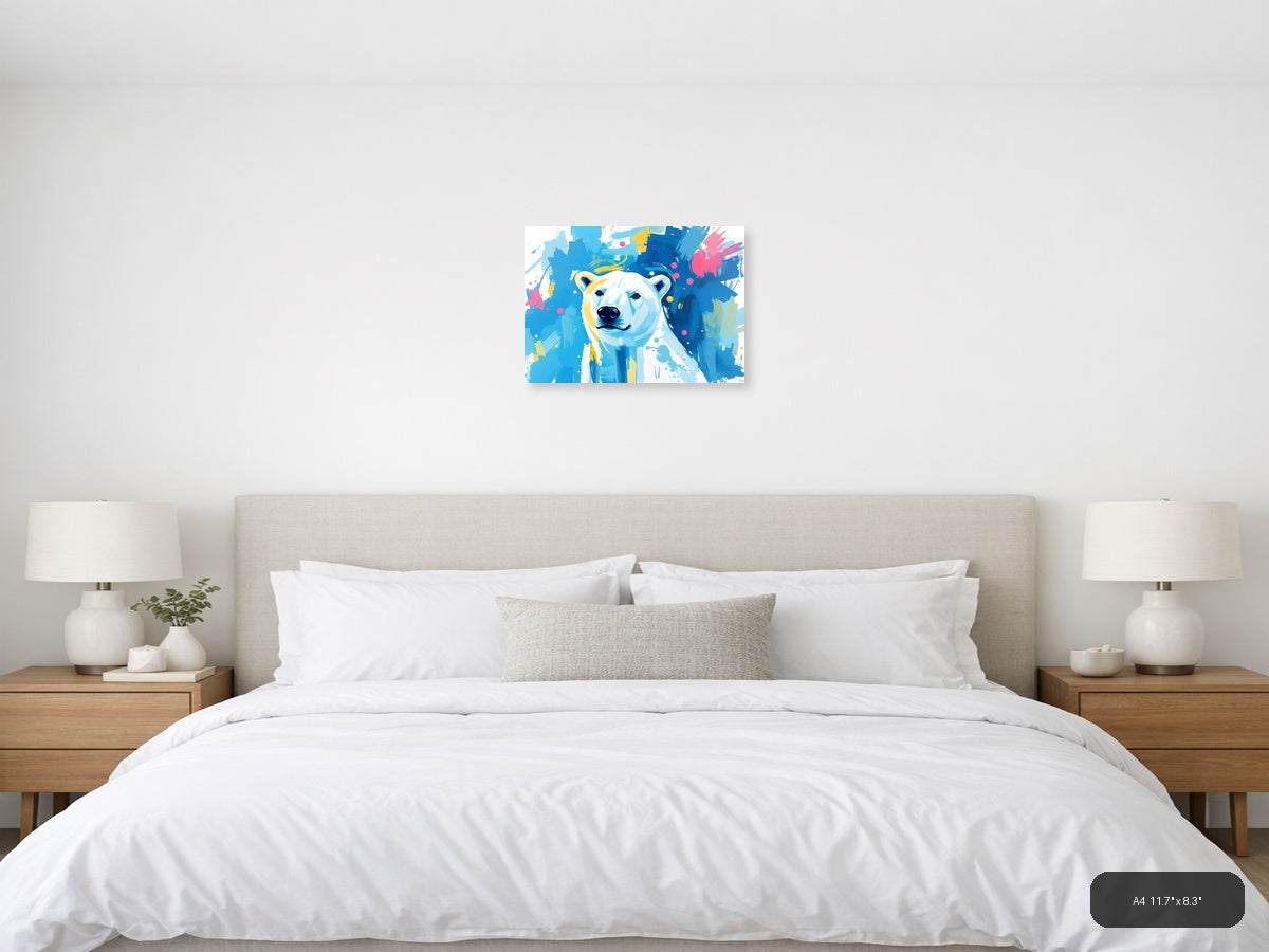 Abstract Polar Bear Portrait Blue Yellow Wall Art — A4 / Bedroom