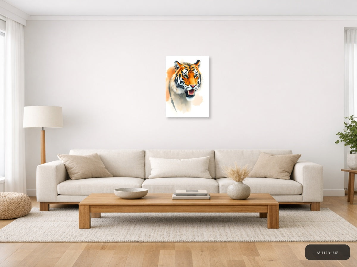 Orange Tiger Portrait Watercolor Wall Art — A3 / Living Room