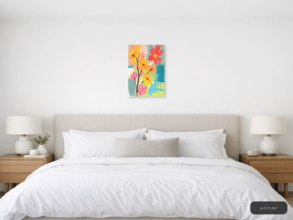 Colorful Abstract Flowers on Branch Portrait Wall Art — A3 / Bedroom