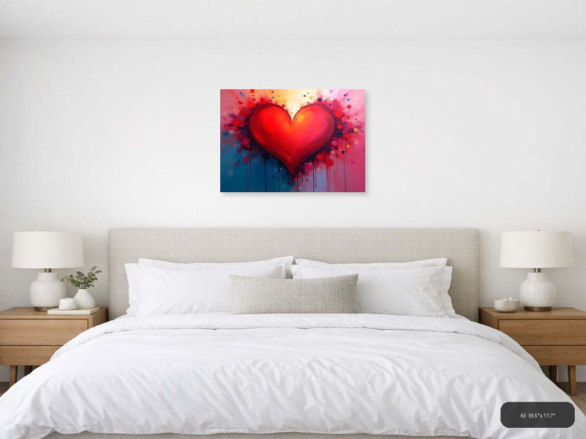Red Heart Abstract Explosion Splatter Wall Art — A3 / Bedroom