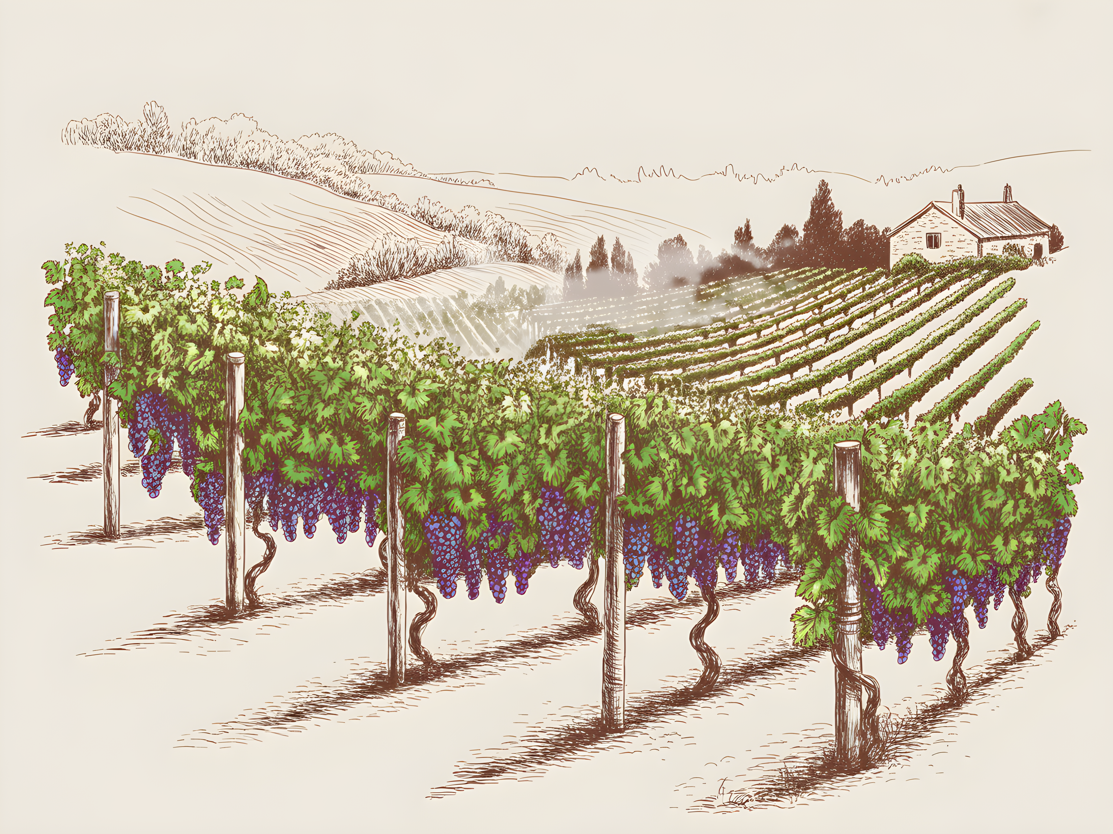 Vineyard Landscape Line Art - Wine Country Wall Art