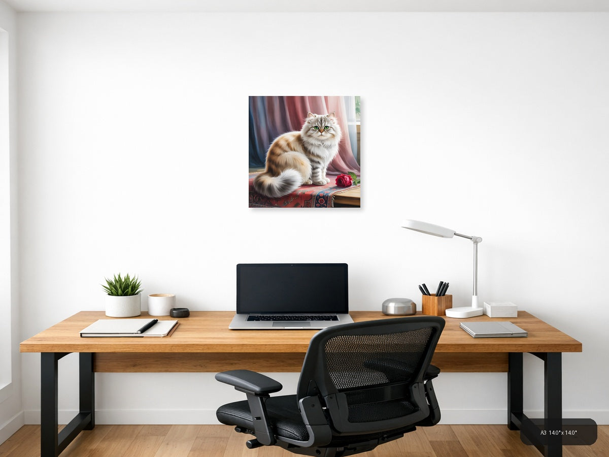 Fluffy Cat with Green Eyes Watercolor Wall Art — A3 / Office
