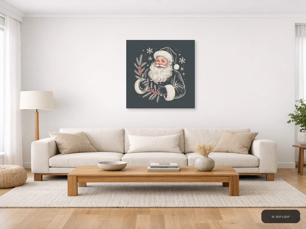 Santa Claus with Holly Line Art Winter Wall Art — A2 / Living Room