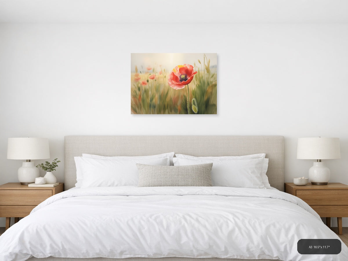 Red Poppy Wildflower Watercolor Landscape Wall Art — A3 / Bedroom