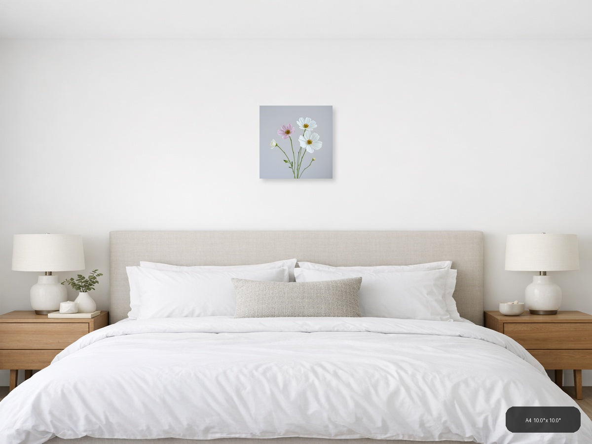 Minimalist Cosmos Flowers Pink White Wall Art — A4 / Bedroom