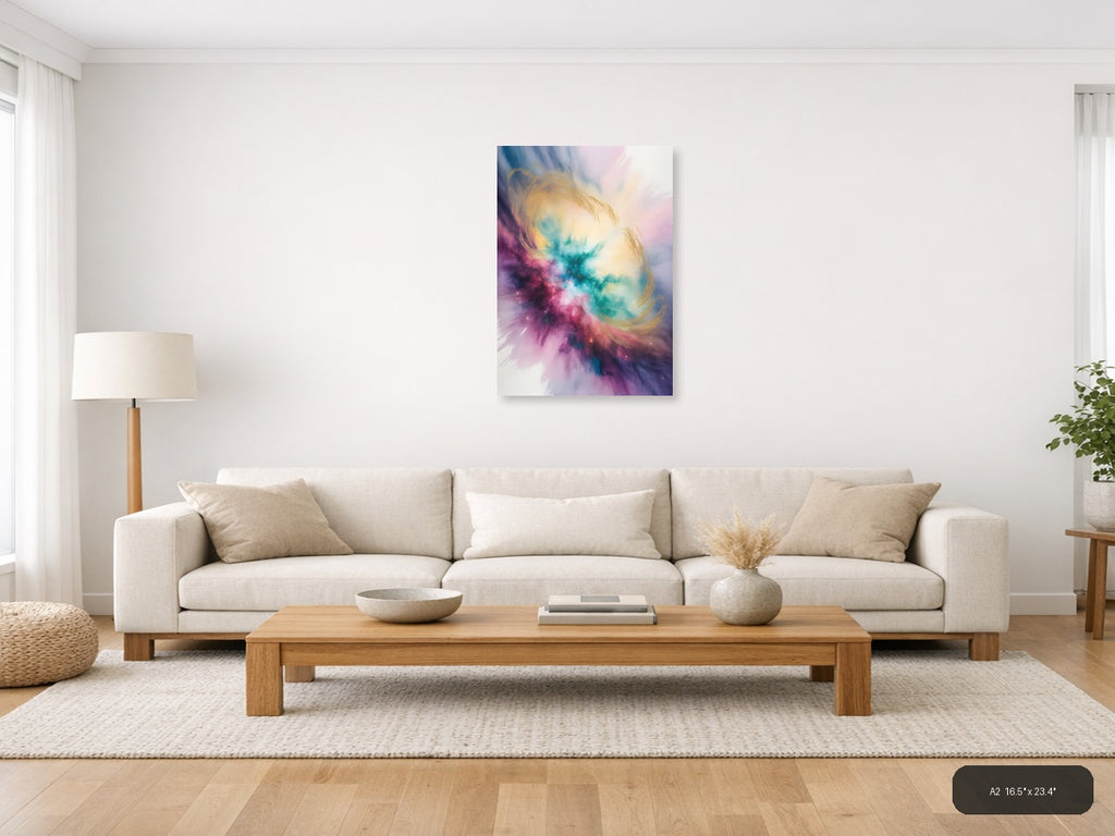 Cosmic Watercolor Nebula in Pink and Teal Wall Art — A2 / Living Room