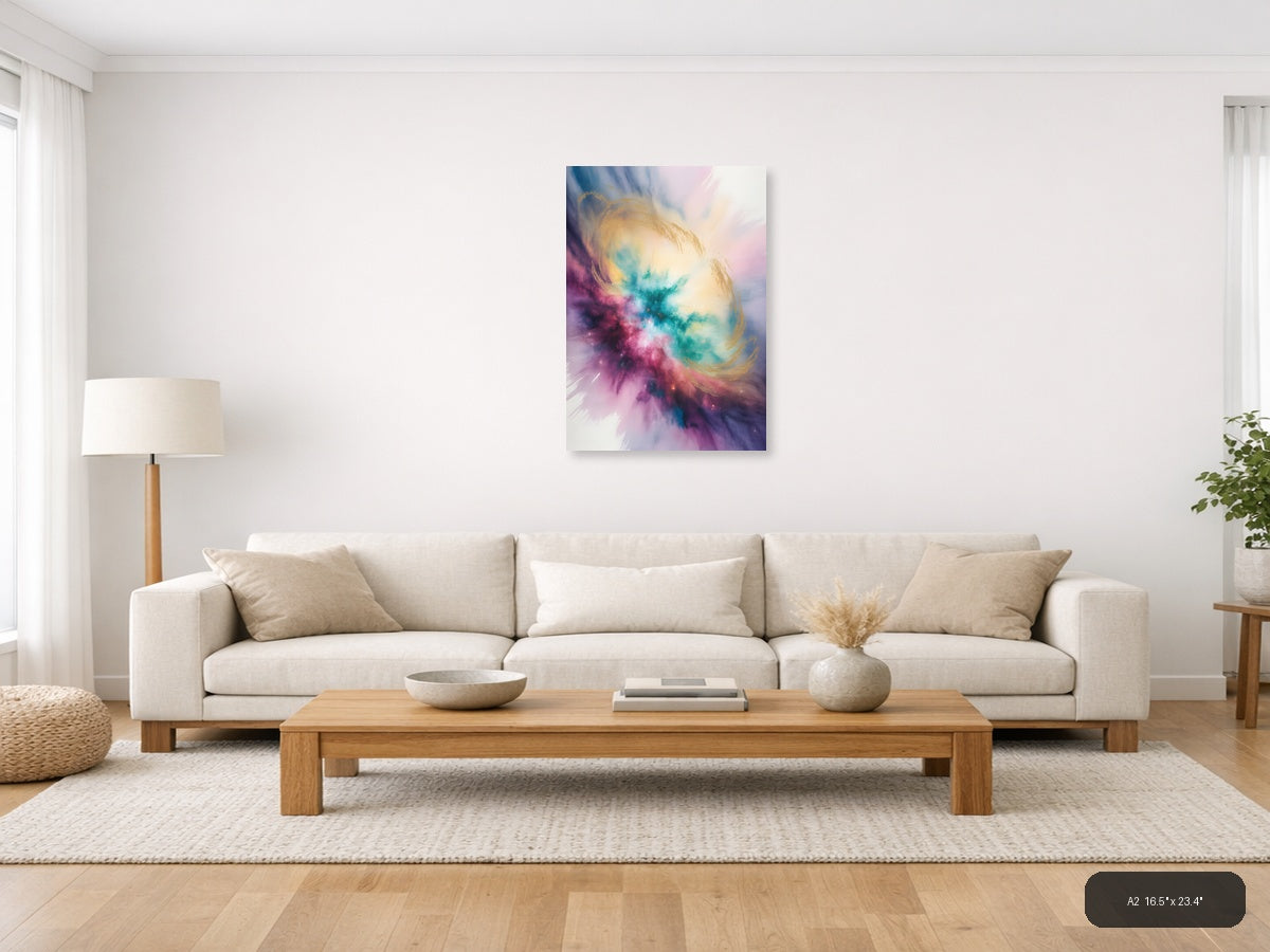 Cosmic Watercolor Nebula in Pink and Teal Wall Art — A2 / Living Room