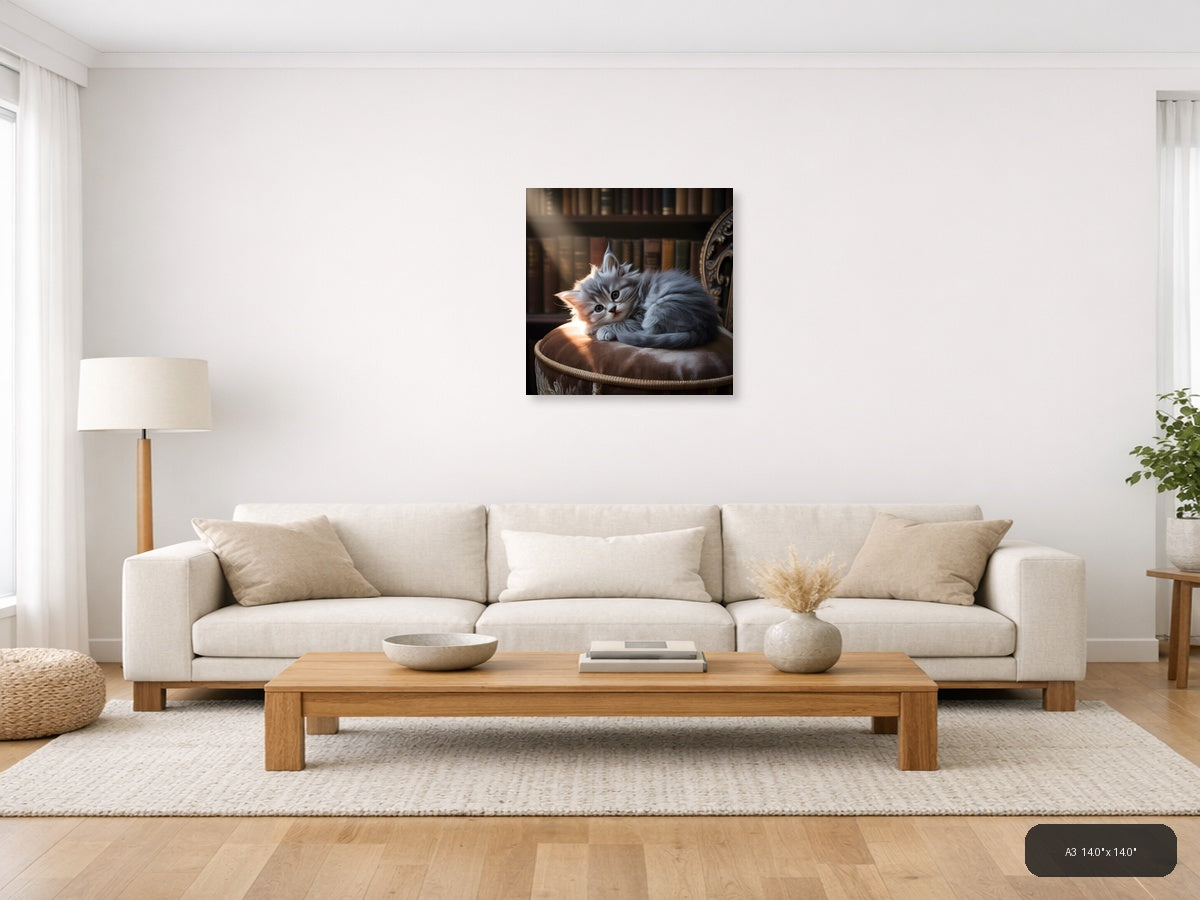 Fluffy Gray Kitten on Cushion Photography Wall Art — A3 / Living Room