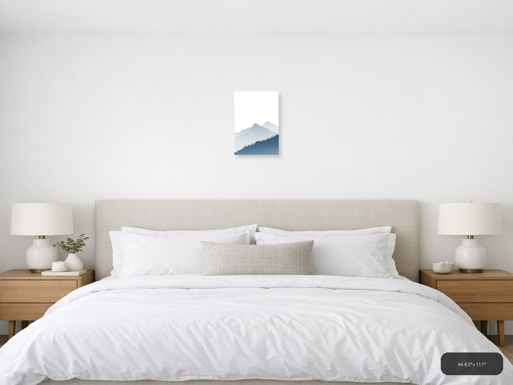 Misty Mountains with Evergreen Forest | Minimalist Landscape Wall Art — A4 (Bedroom)
