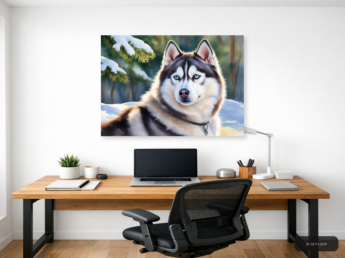 Siberian Husky Blue Eyes Winter Forest Watercolor Wall Art — A1 / Office
