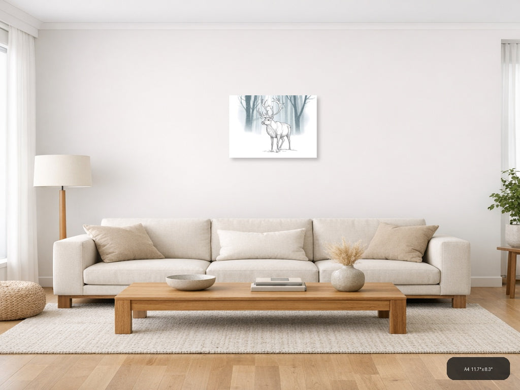 Majestic Deer with Antlers Winter Forest Line Art Wall Art — A4 / Living Room