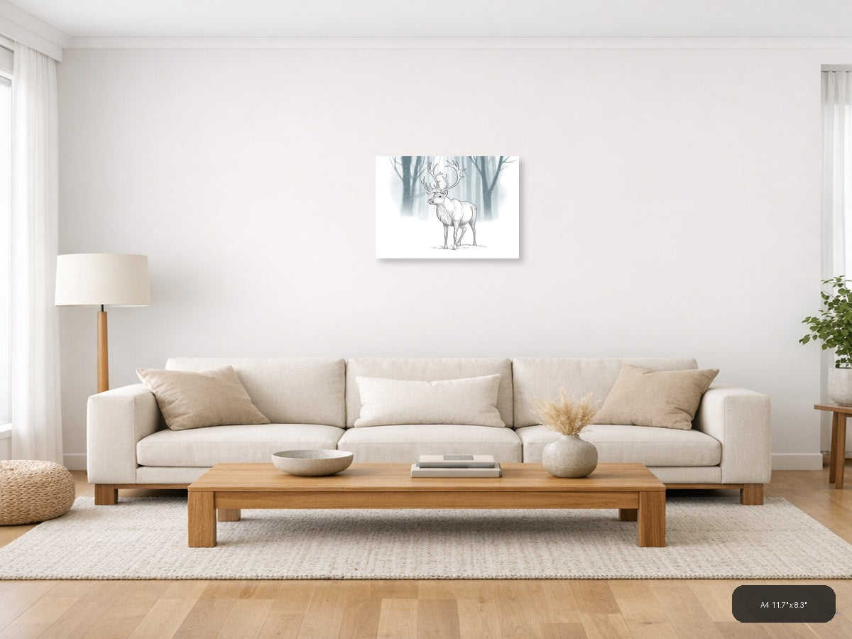 Majestic Deer with Antlers Winter Forest Line Art Wall Art — A4 / Living Room