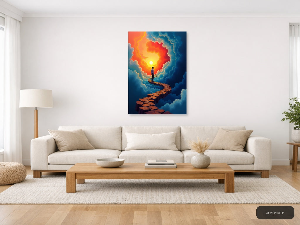 Man on Stone Path to Sunset Cloud Portal Wall Art — A1 / Living Room