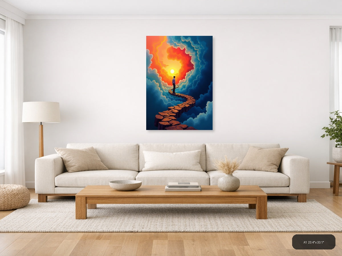 Man on Stone Path to Sunset Cloud Portal Wall Art — A1 / Living Room