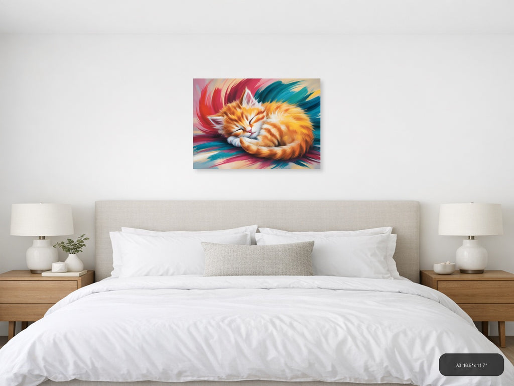 Sleeping Ginger Cat Abstract Brushstroke Wall Art — A3 / Bedroom