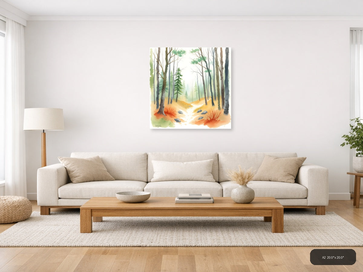 Misty Forest Stream Watercolor Wall Art — A2 / Living Room