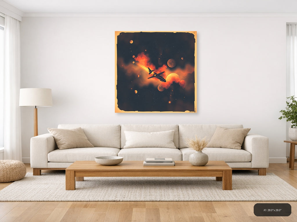 Vintage Spaceship Flight Through Cosmic Fire Wall Art — A1 / Living Room