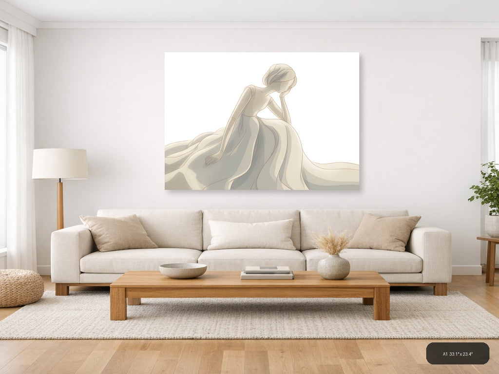Elegant Woman in Flowing Gown Minimalist Wall Art — A1 / Living Room