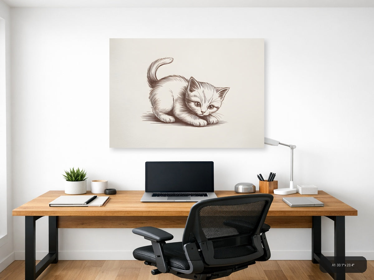 Playful Kitten Line Art Drawing Wall Art — A1 / Office