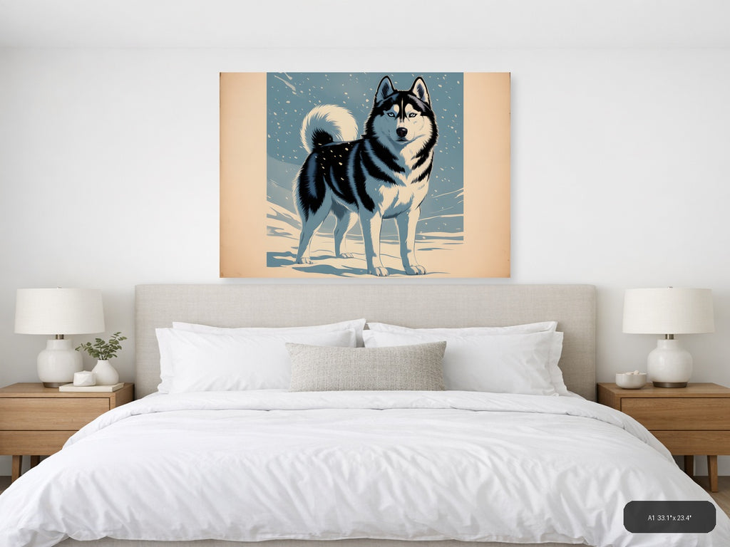 Husky in Snow - Vintage Winter Dog Wall Art — A1 / Bedroom