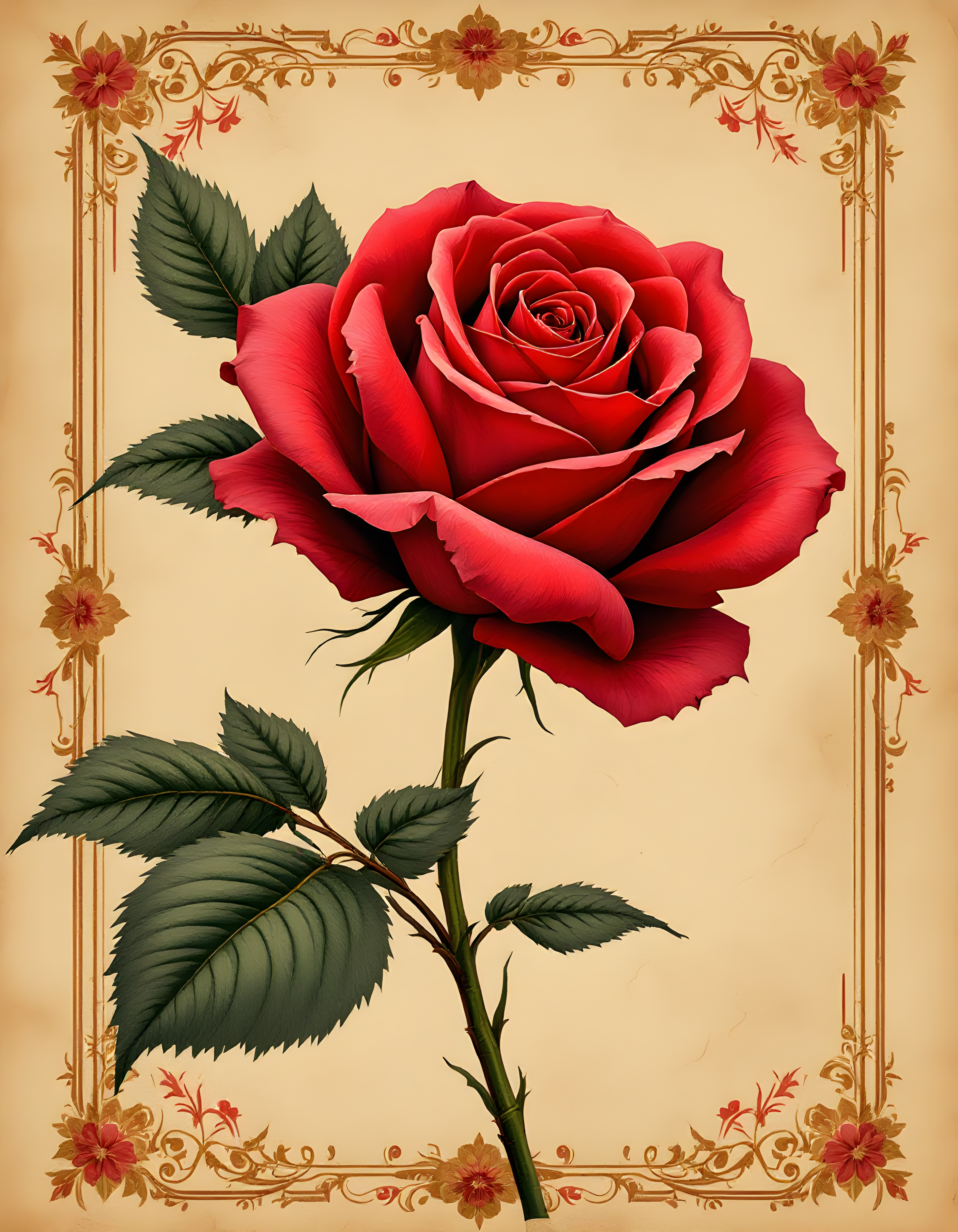 Red Rose Vintage Botanical Portrait Wall Art