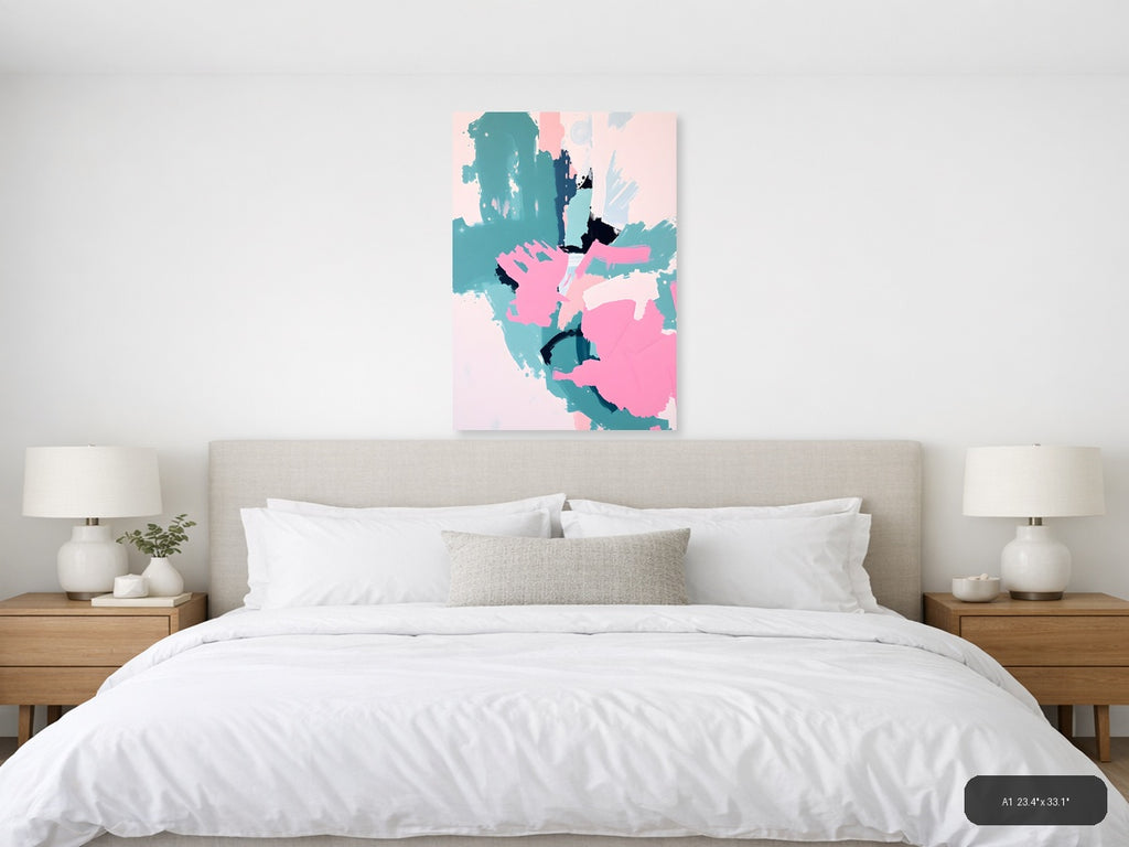 Abstract Teal Pink Black Brushstroke Map Wall Art — A1 / Bedroom