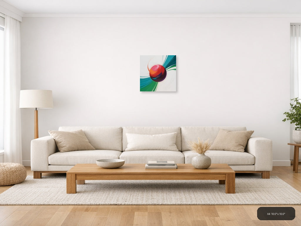 Red Sphere with Teal & Green Wave Abstract Wall Art — A4 / Living Room