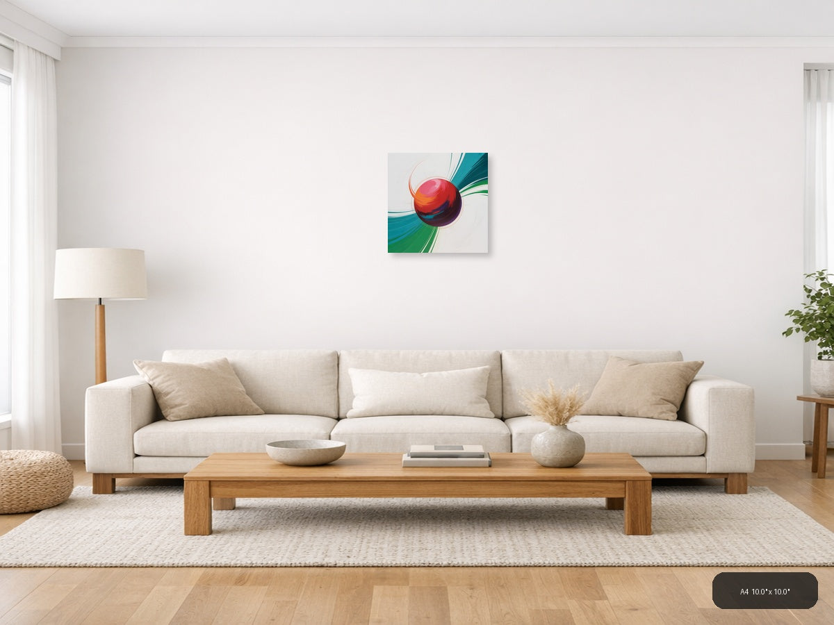 Red Sphere with Teal & Green Wave Abstract Wall Art — A4 / Living Room