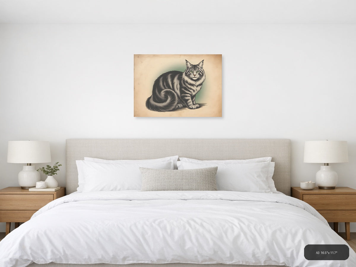 Vintage Tabby Cat Portrait with Green Eyes Wall Art — A3 / Bedroom