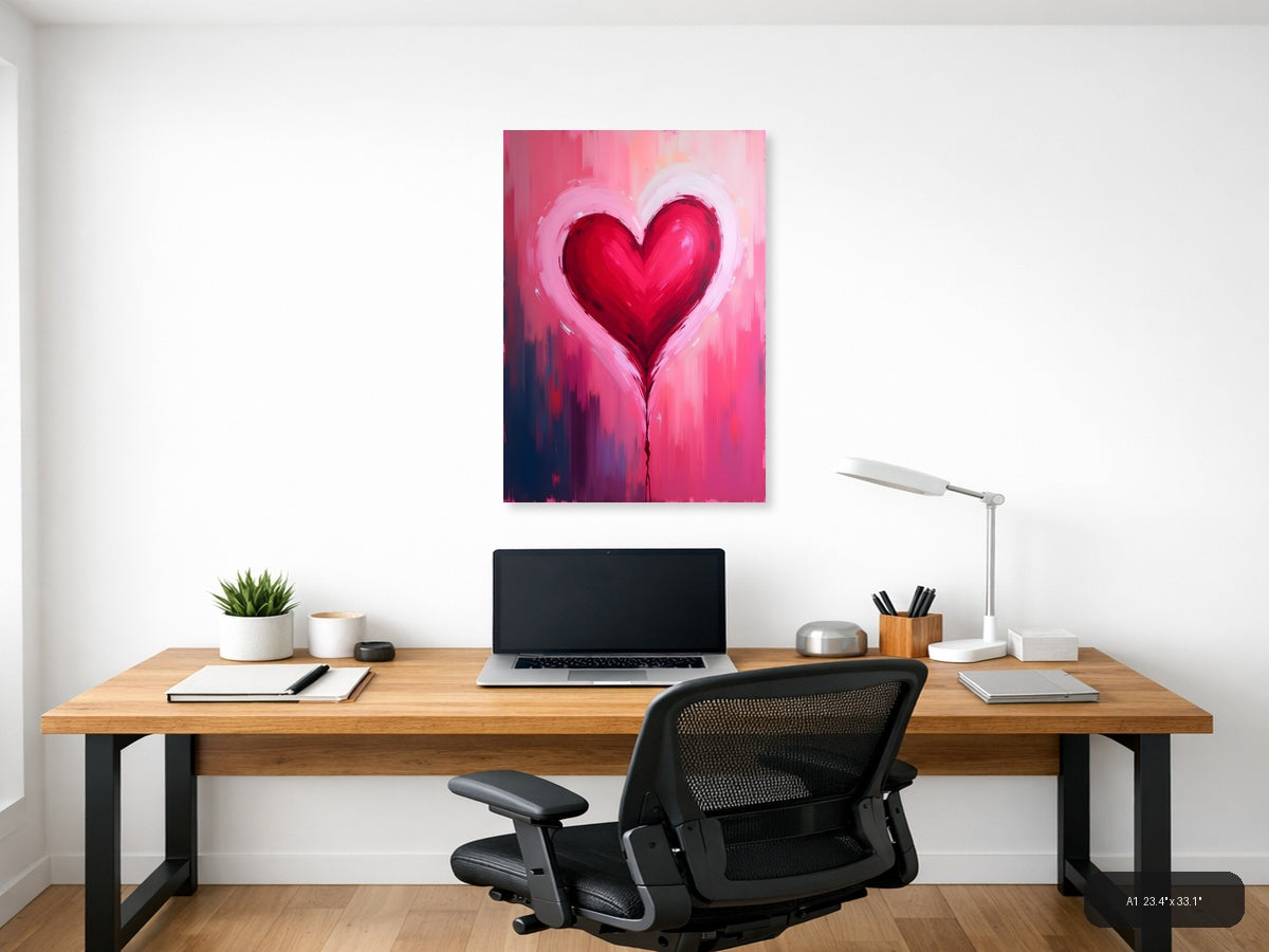 Red Heart Abstract Brushstroke Pink Wall Art — A1 / Office