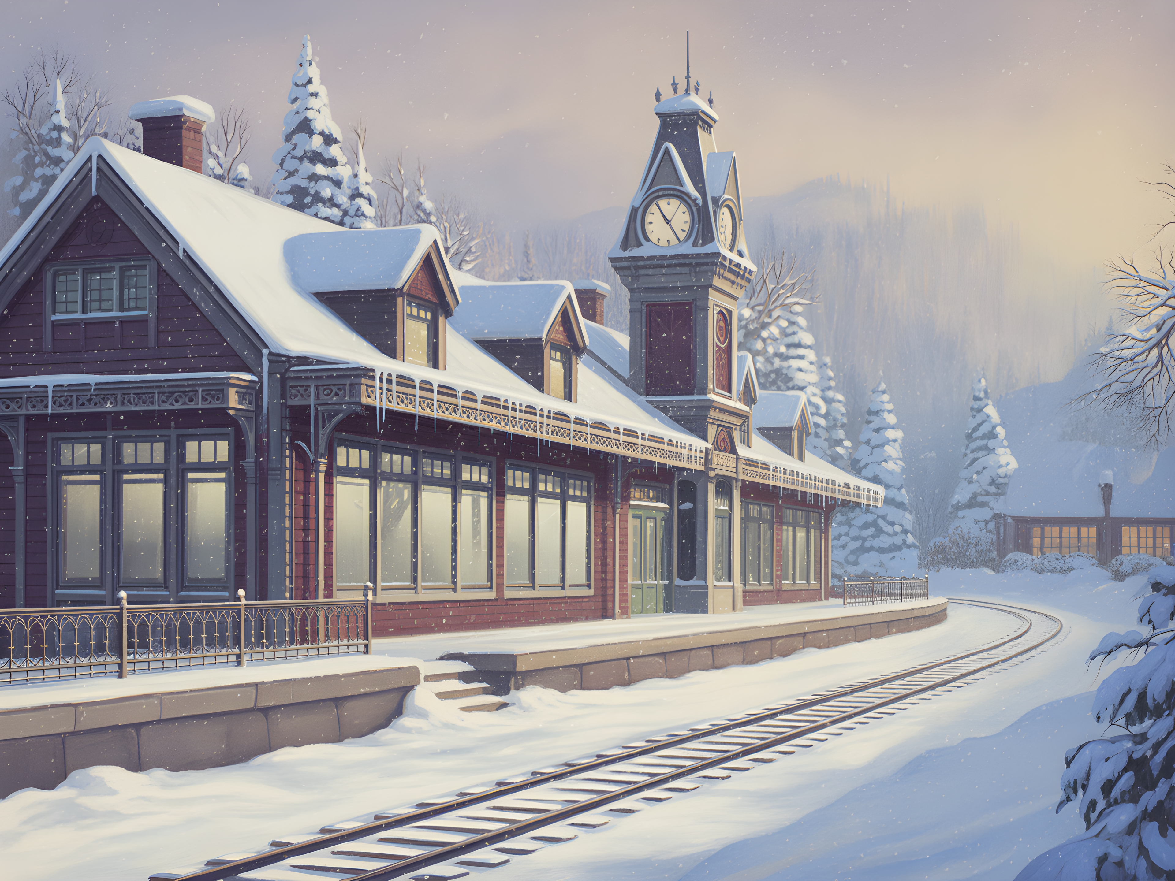 Vintage Snow-Covered Railway Station Clock Tower Wall Art