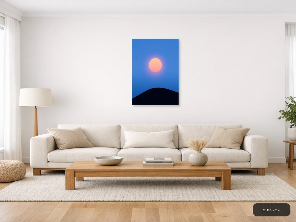 Minimalist Sunset Moon Rising Over Dark Hill Wall Art — A2 / Living Room