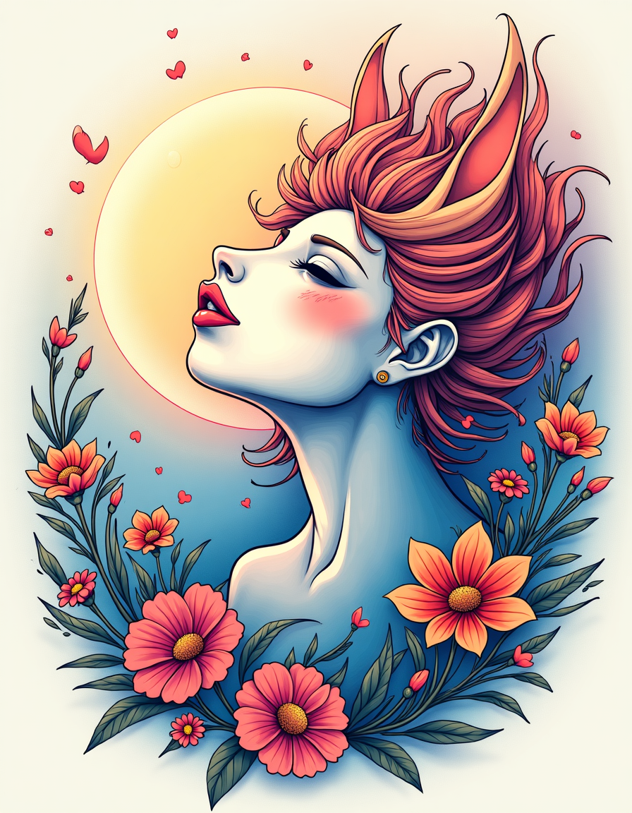 Colorful Woman Portrait with Flowers Line Art Wall Art