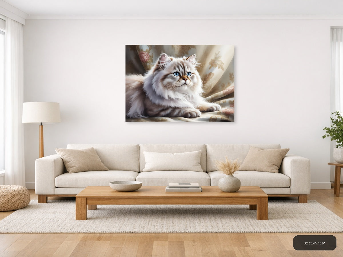 White Persian Cat with Blue Eyes Watercolor Wall Art — A2 / Living Room