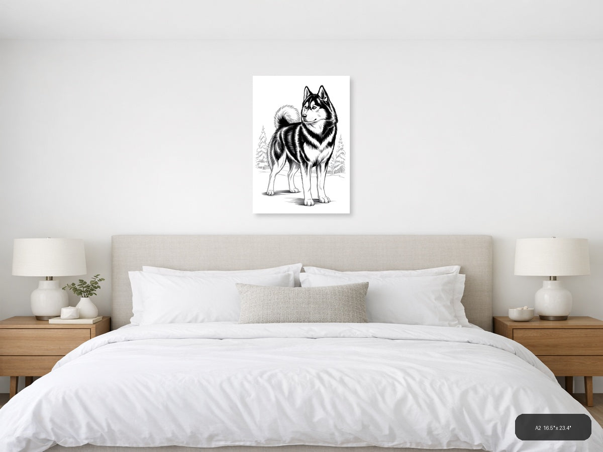 Husky Portrait Line Art Drawing - Black & White Wall Art — A2 / Bedroom