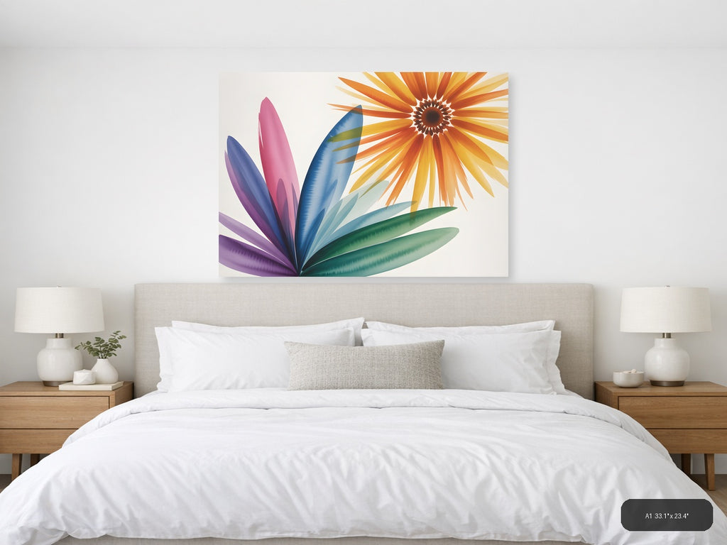 Colorful Watercolor Sunflower & Petals Landscape Wall Art — A1 / Bedroom