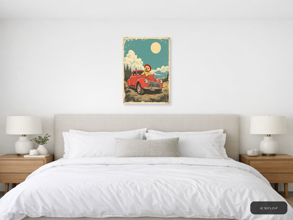 Vintage Teddy Bear in Red Truck Moonlight Wall Art — A2 / Bedroom