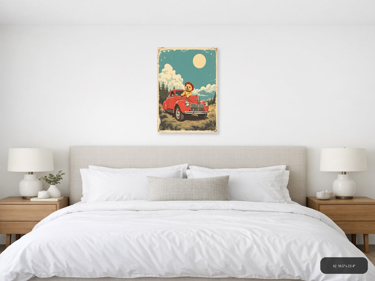 Vintage Teddy Bear in Red Truck Moonlight Wall Art — A2 / Bedroom