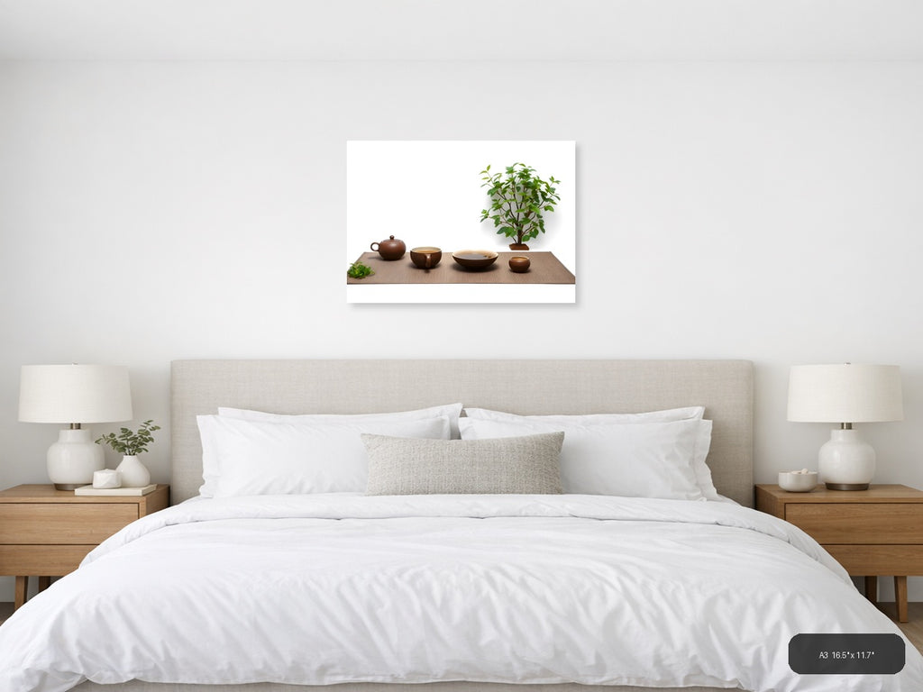 Minimalist Tea Ceremony Setup with Green Plant Wall Art — A3 / Bedroom