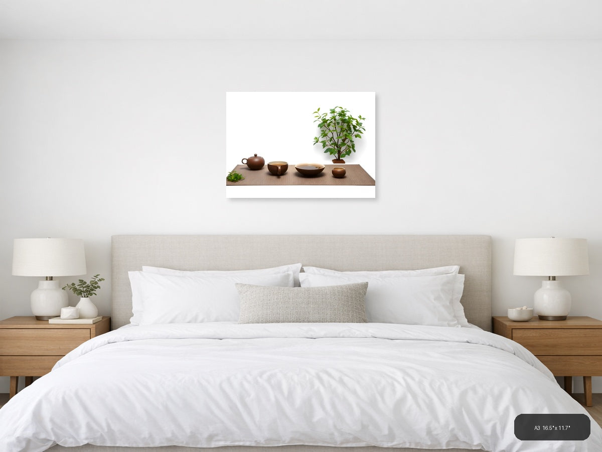 Minimalist Tea Ceremony Setup with Green Plant Wall Art — A3 / Bedroom