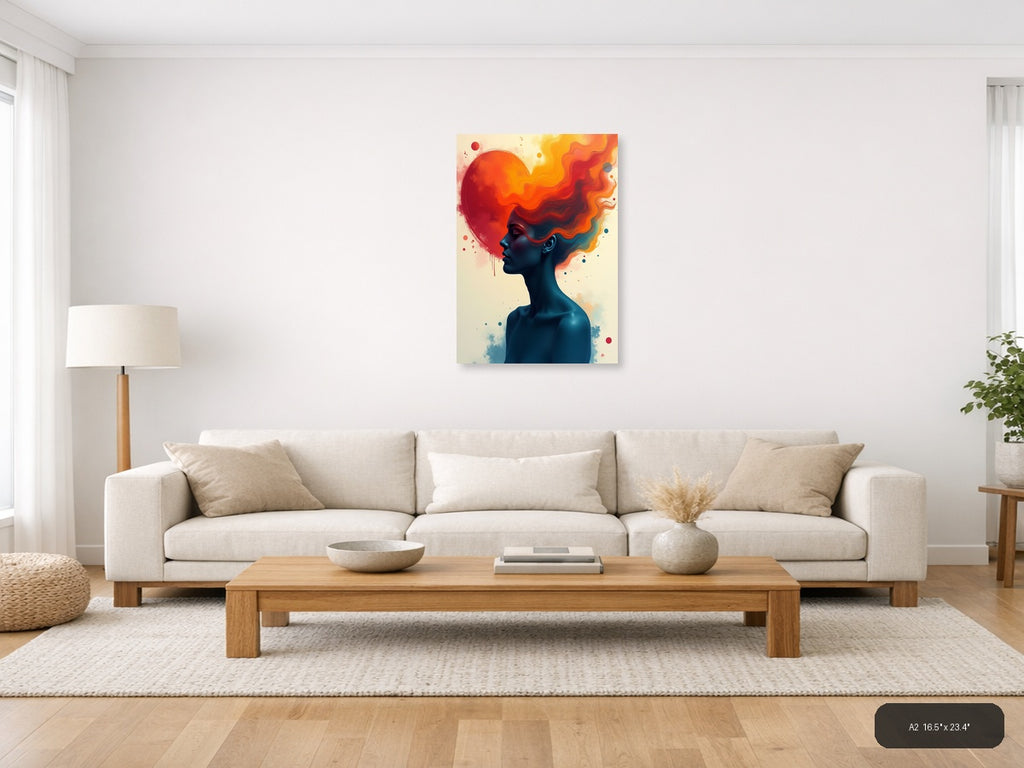 Abstract Silhouette with Flowing Fire Hair Wall Art — A2 / Living Room